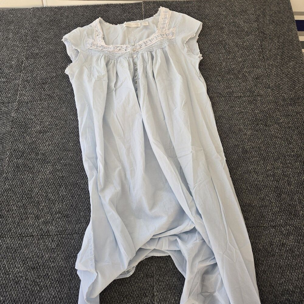 Eileen West Nightgown Sleeveless 100% Cotton Soft Blue Floral Lace Size L